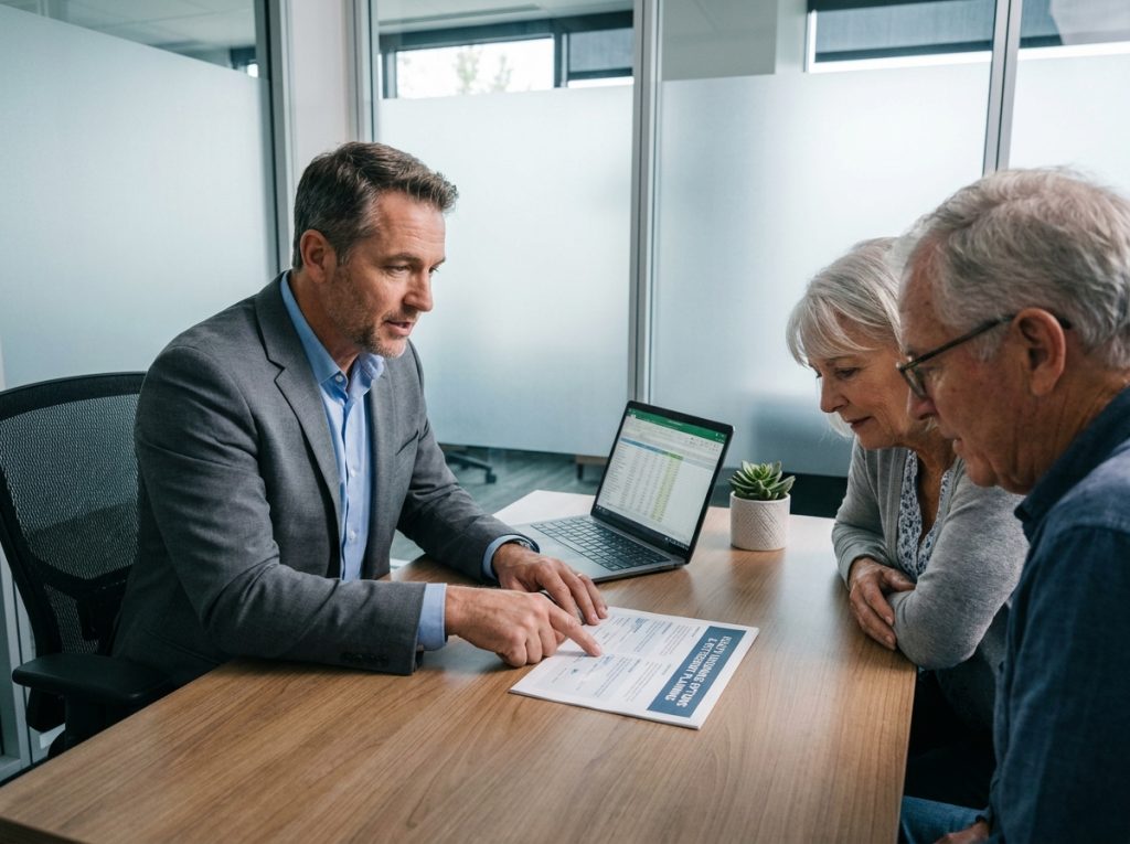 Conseiller financier présentant les options de portabilité de la mutuelle à un couple de retraités en cabinet