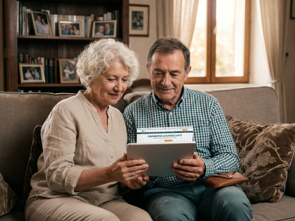 Couple de seniors qui compare des offres de mutuelle santé sur une tablette dans leur salon