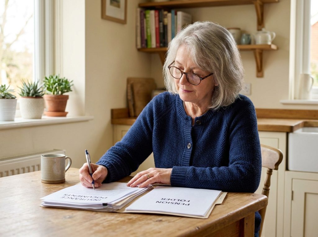Femme retraitée qui étudie ses documents de mutuelle et de retraite à la table de sa cuisine