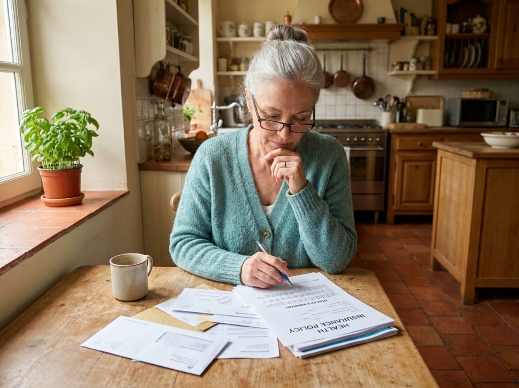 Femme senior de 60 ans qui consulte des documents de mutuelle santé à sa table de cuisine
