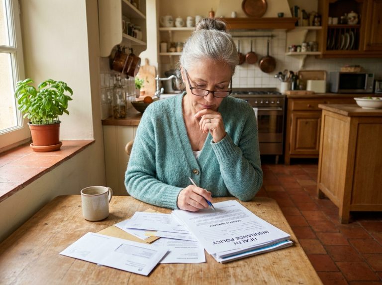 Femme senior de 60 ans qui consulte des documents de mutuelle santé à sa table de cuisine