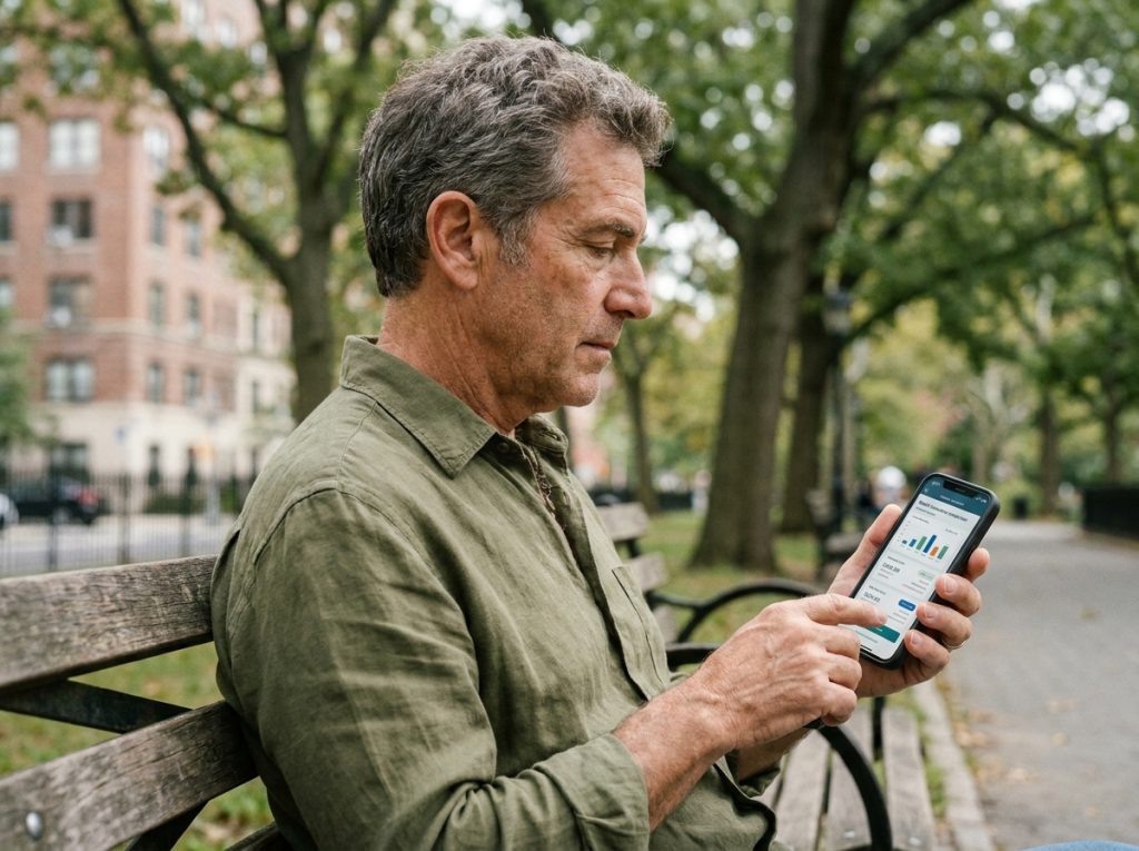 Homme senior consultant une application de comparaison de mutuelles sur son téléphone dans un parc urbain