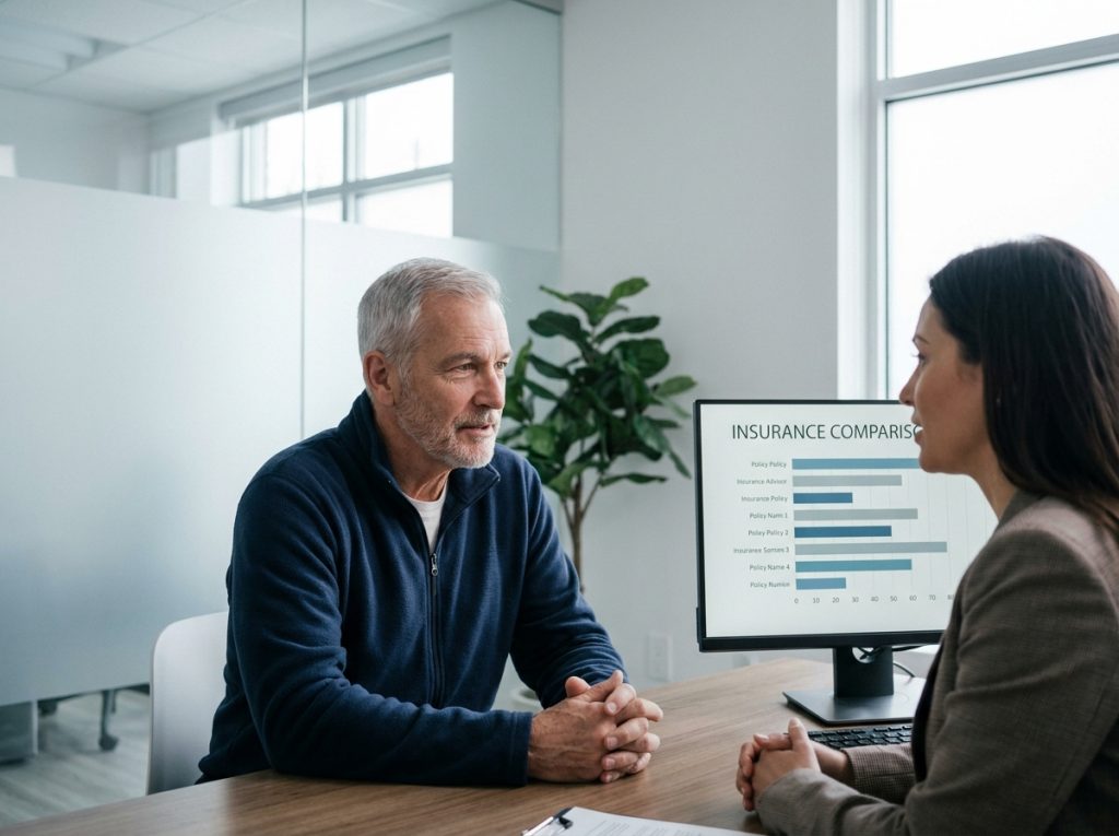 Homme senior en consultation avec une conseillère en mutuelle santé dans un bureau moderne