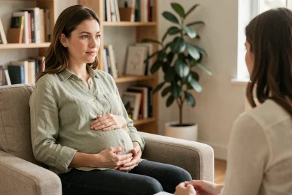 Femme enceinte en séance de soutien psychologique avec une thérapeute dans un cabinet chaleureux
