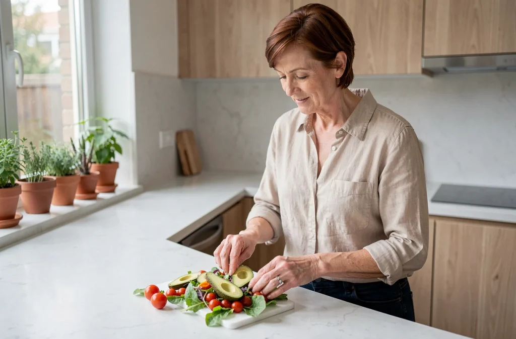 Femme en préménopause préparant une salade équilibrée et colorée dans une cuisine moderne pour adopter une alimentation saine et contrôler son poids