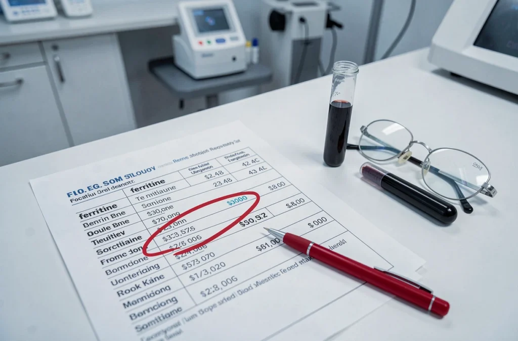Rapport d'analyse biologique montrant un taux de ferritine élevé avec valeur anormale cerclée en rouge
