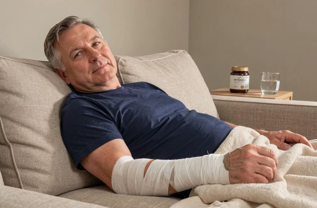 Homme allongé avec un cataplasme de phytargile concentré appliqué sur le poignet et bandagé