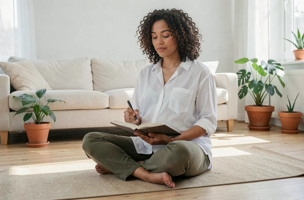 Femme enceinte pratiquant la pleine conscience et la journalisation à domicile pour son bien-être mental