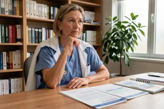 Professionnelle de santé en fin de carrière effectuant un bilan de compétences à son bureau, entourée de documents professionnels et de références médicales