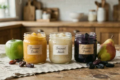 Trois bocaux de compote maison côte à côte sur une table en bois : pomme dorée, poire granuleuse et pruneau violet, entourés de fruits frais et de pruneaux secs
