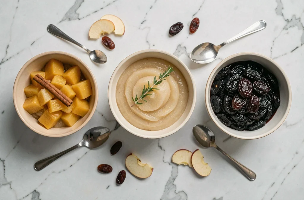 Vue aérienne de trois bols en céramique contenant des compotes différentes sur marbre blanc : compote de pomme à la cannelle, compote de poire au thym et compote de pruneau épaisse, comparaison pour remédier à la constipation