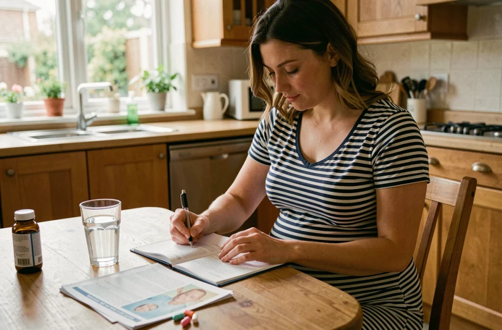 Femme enceinte remplissant son carnet de maternité à la maison avec des vitamines prénatales sur la table