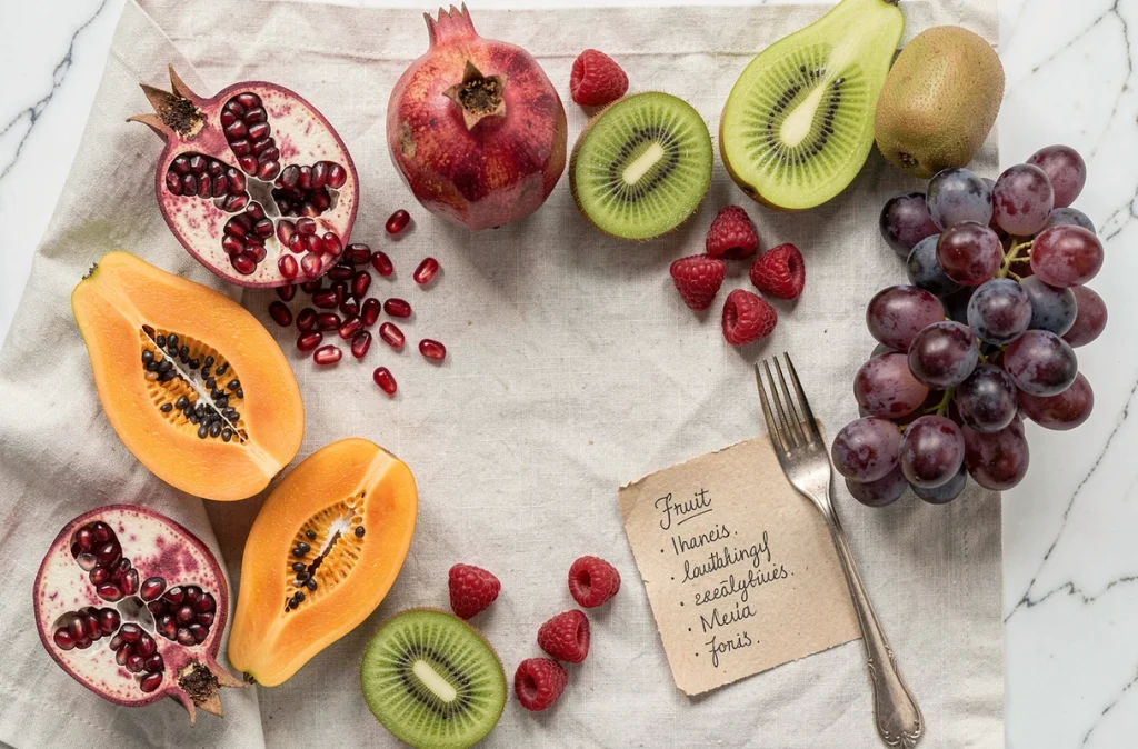Vue du dessus d'une composition de fruits nutritifs variés sur marbre et tissu lin pour un article santé