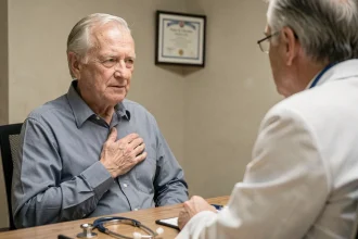 Un homme âgé en consultation cardiologique discute avec son médecin dans un cabinet médical