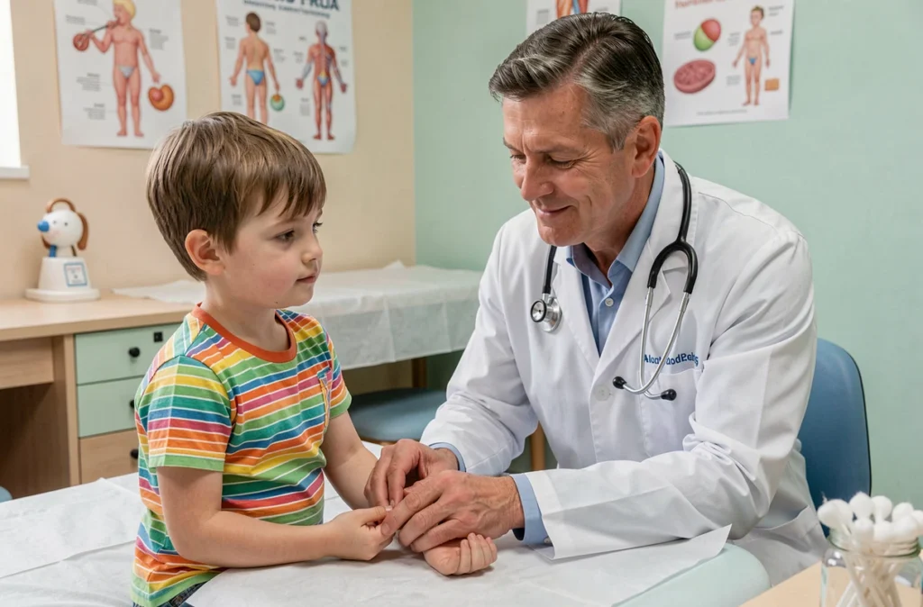 Médecin spécialiste en dermatopathologie pédiatrique examinant la peau d'un enfant en consultation
