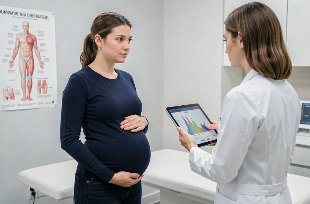 Femme enceinte en consultation médicale discutant des changements hormonaux avec une gynécologue dans un cabinet moderne