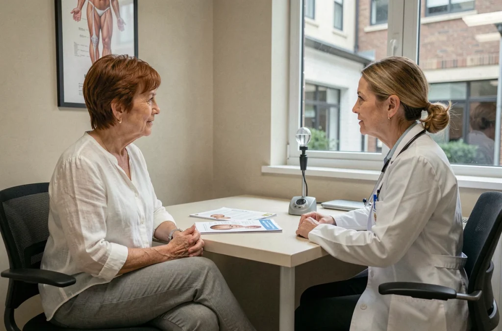 Femme retraitée en consultation médicale pour le suivi de sa bronchite chronique avec une pneumologue
