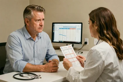 Patient montrant ses résultats d'analyse de ferritine à un médecin lors d'une consultation médicale