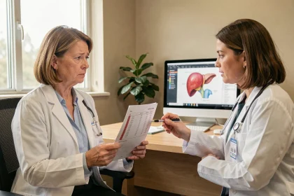 Femme consultant une médecin pour des résultats d'analyse sanguine montrant des transaminases élevées