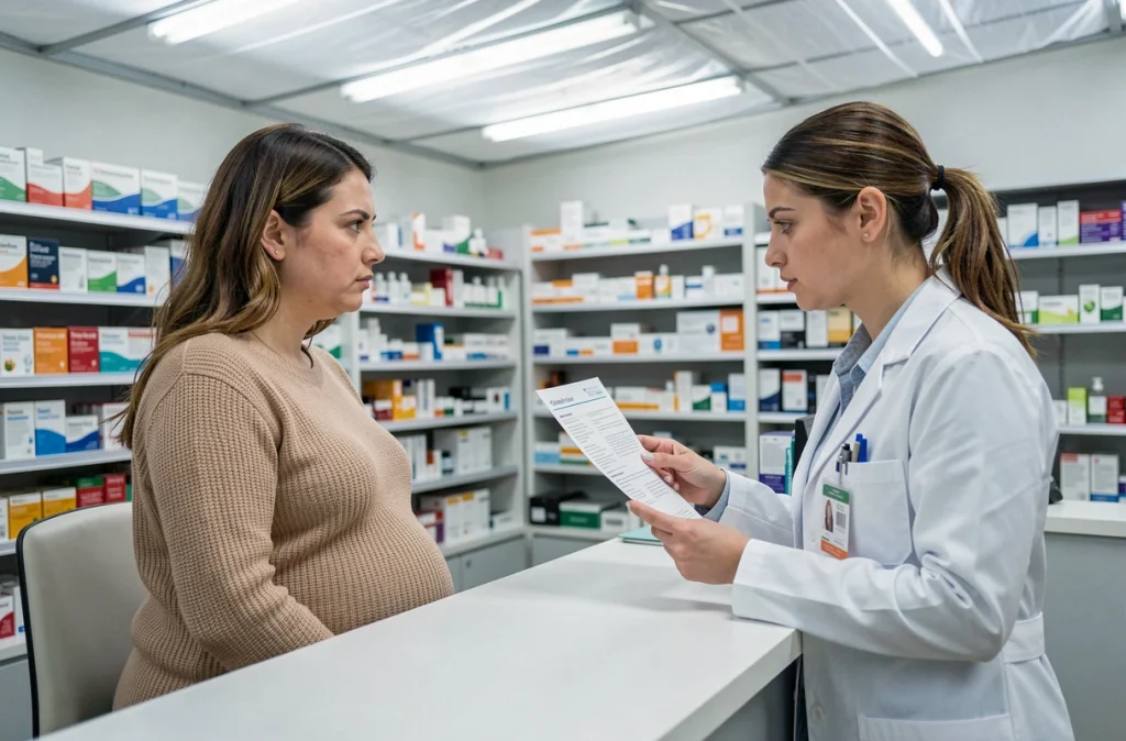 Femme enceinte consultant une pharmacienne sur les risques des médicaments pendant la grossesse, conseil pharmaceutique prénatal