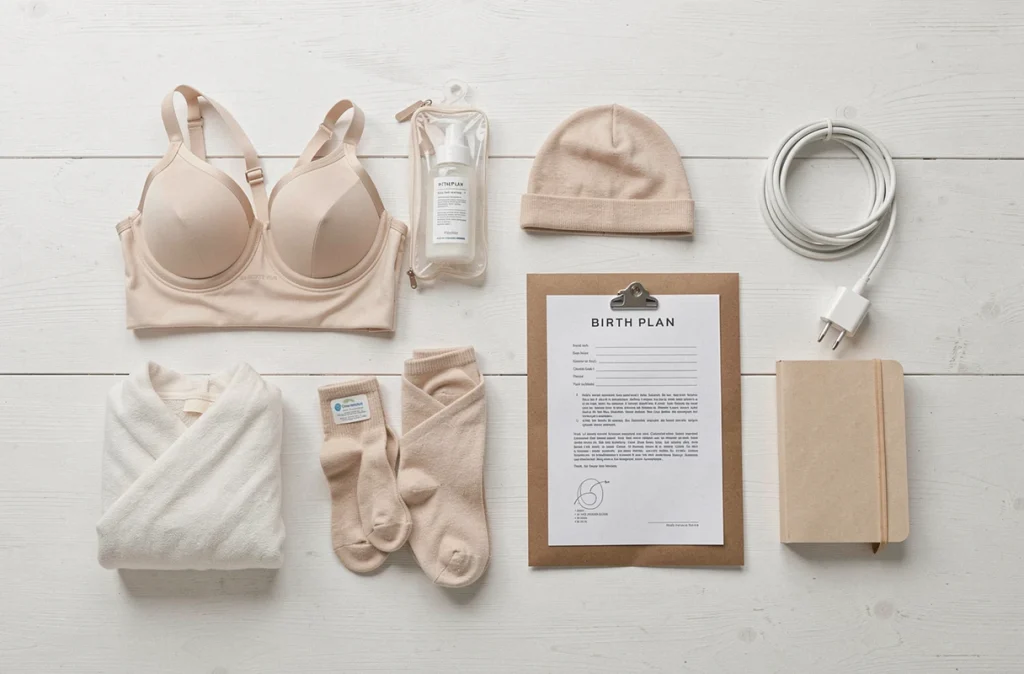 Vue du dessus des affaires essentielles à mettre dans la valise de maternité disposées en flat lay
