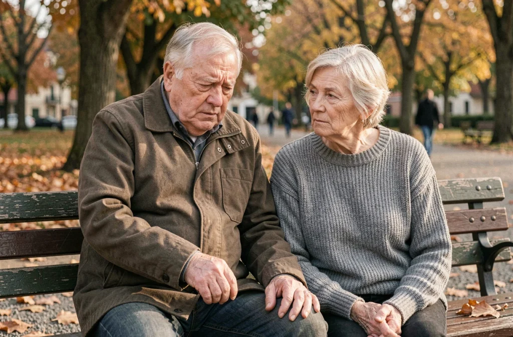 Un couple de personnes âgées assis sur un banc dans un parc, l'homme montrant des signes de fatigue cardiaque