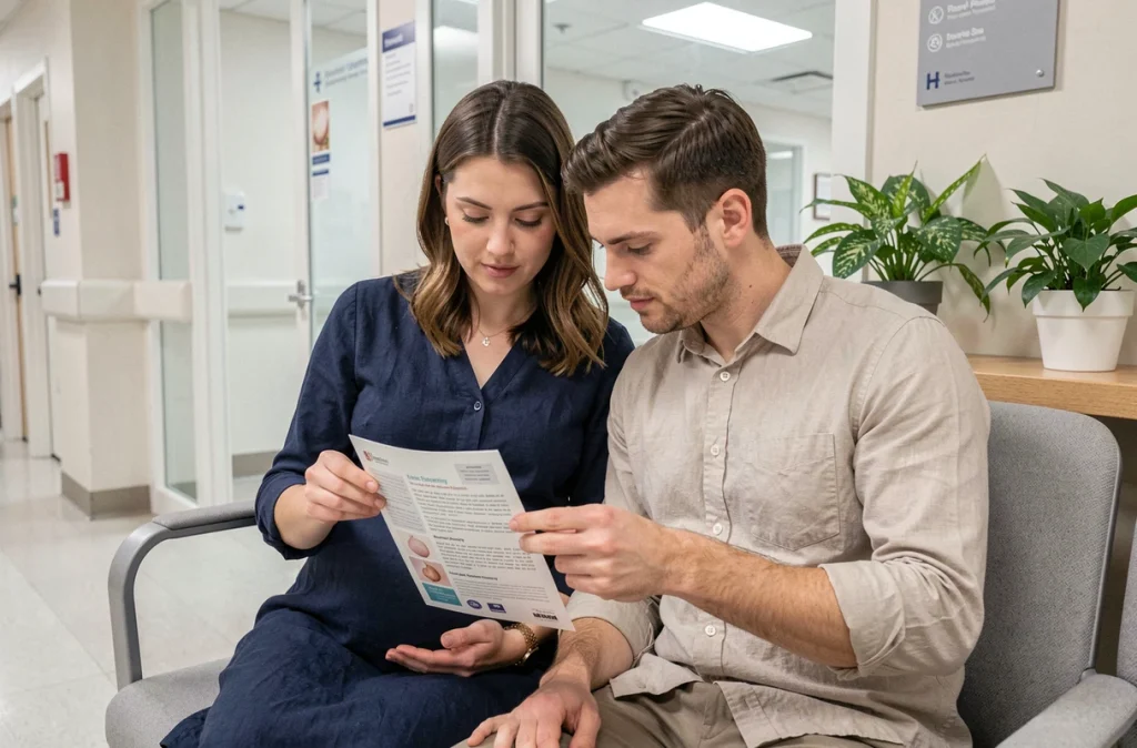 Couple attendant en salle d'attente d'hôpital et lisant une brochure sur le dépistage prénatal recommandé par les professionnels de santé