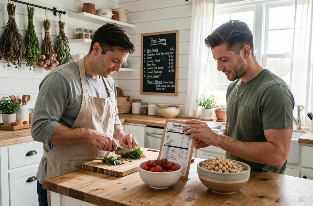 Couple cuisinant ensemble des repas maison sains en consultant des fiches nutritionnelles dans une cuisine de style campagnard