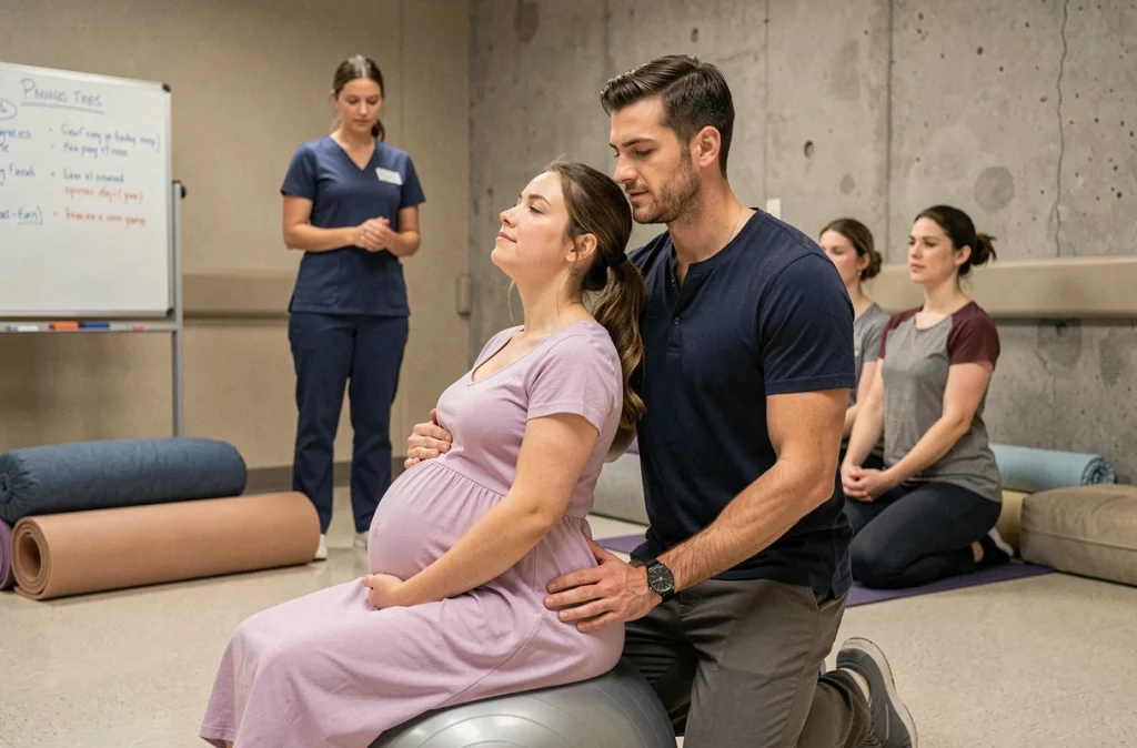 Couple de futurs parents pratiquant des exercices de respiration ensemble lors d'une séance de préparation à la naissance