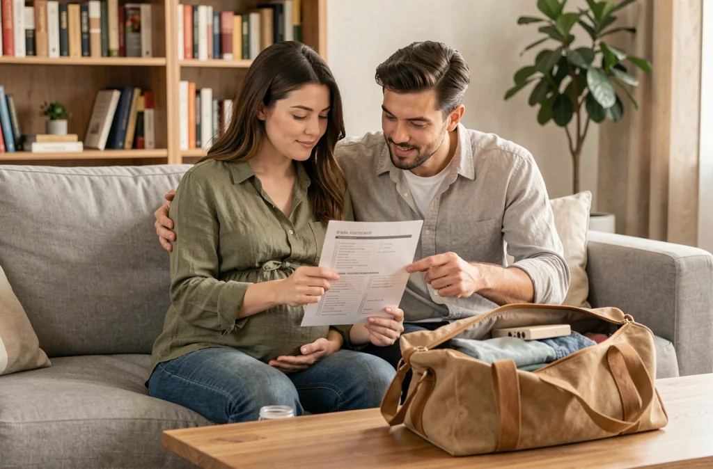 Couple attendant un bébé qui consulte une liste de préparation pour la valise de maternité ensemble