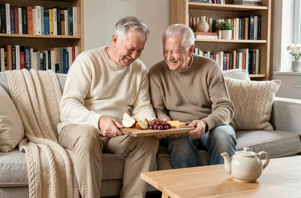 Couple de retraités partageant un plateau de fruits et fromages comme collation équilibrée dans leur salon confortable