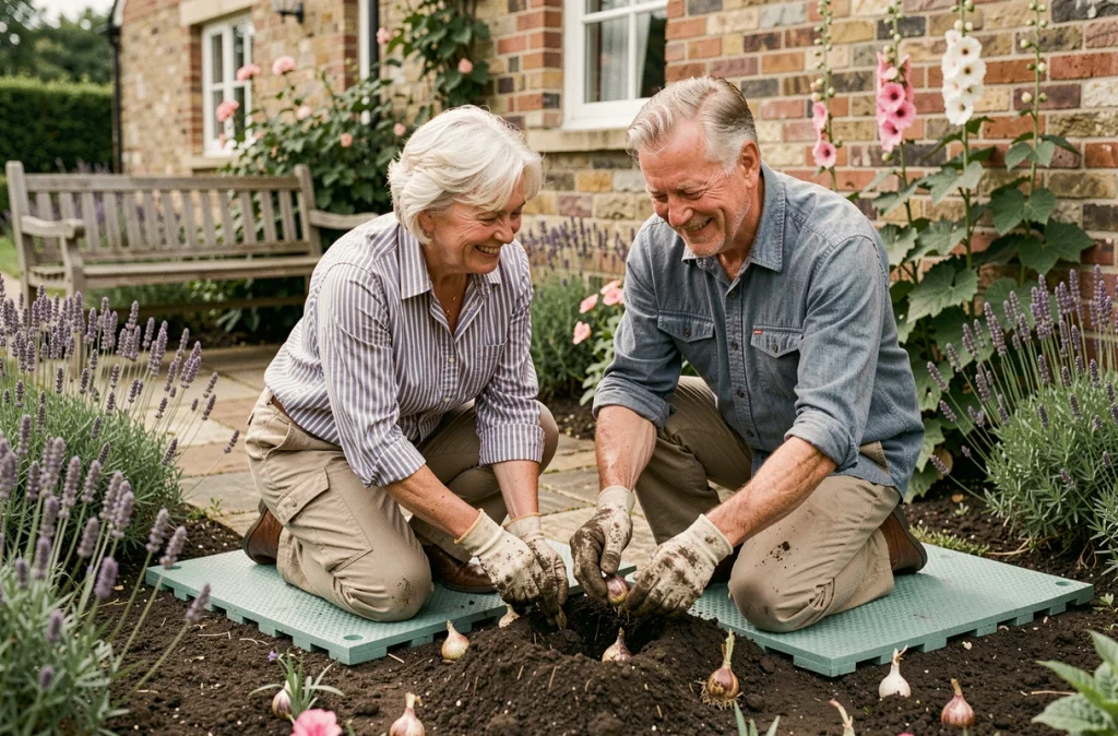 Couple de seniors riant ensemble en plantant des bulbes dans un jardin de cottage fleuri, illustrant le bien-être social et physique du jardinage après 65 ans