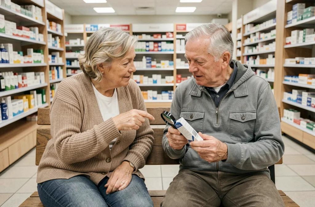 Couple de seniors en pharmacie examinant une boîte de collyres, évoquant la gestion quotidienne des maladies oculaires liées à l'âge