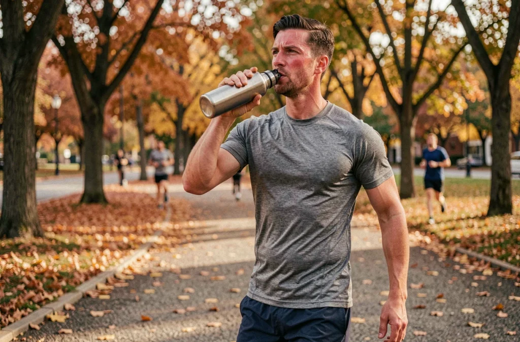 Coureur masculin buvant à une gourde en inox dans un parc en automne, symbolisant l'importance de l'hydratation pendant l'effort physique et le régime