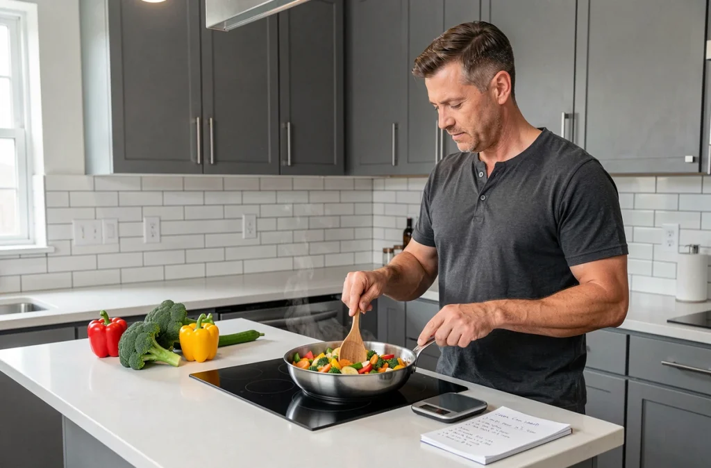 Homme faisant sauter des légumes frais dans une poêle en inox dans une cuisine moderne avec un cahier de suivi calorique