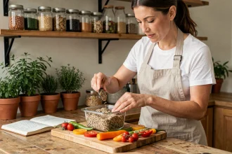 Femme préparant des repas équilibrés faits maison en mesurant des portions de quinoa dans une cuisine en bois naturel