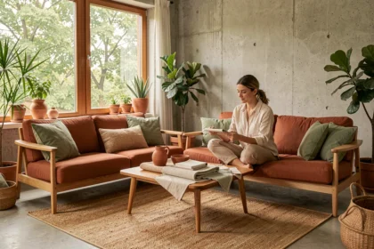 Salon décoré dans un style sérotonine avec canapé en lin, coussins vert sauge et mobilier en bois naturel, femme consultant des échantillons de tissu
