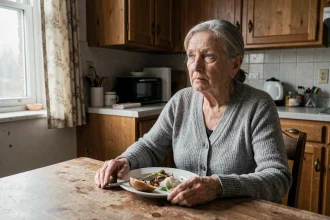 Femme âgée assise seule à une table avec une assiette à peine touchée, illustrant la dénutrition chez les personnes âgées