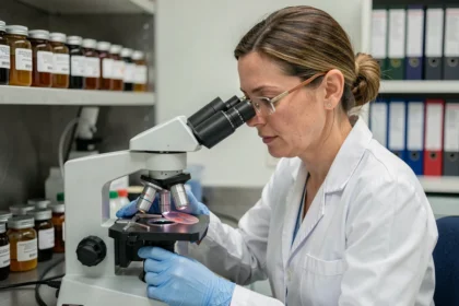 Dermatopathologue pédiatrique examinant une biopsie cutanée au microscope dans un laboratoire médical