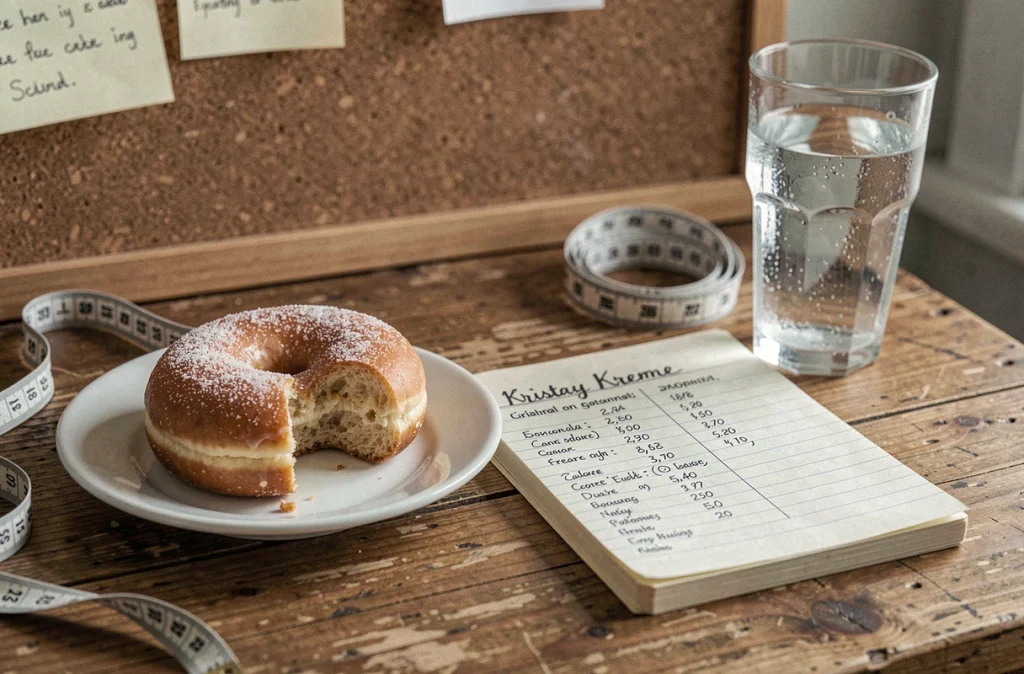 Bureau avec un donut Krispy Kreme entamé, un journal alimentaire manuscrit et un mètre ruban évoquant la question du poids et des calories