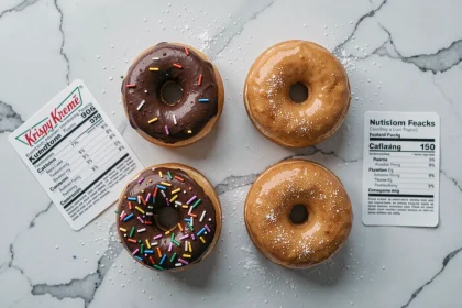 Vue aérienne de donuts Krispy Kreme glacés et fourrés sur du marbre blanc avec une fiche nutritionnelle, illustrant les apports caloriques