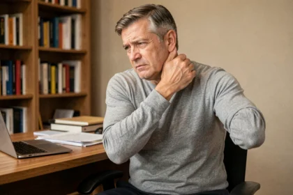 Homme adulte se tenant la nuque et l'épaule en position assise au bureau, illustrant une douleur au niveau du nerf trapèze ou une contracture musculaire