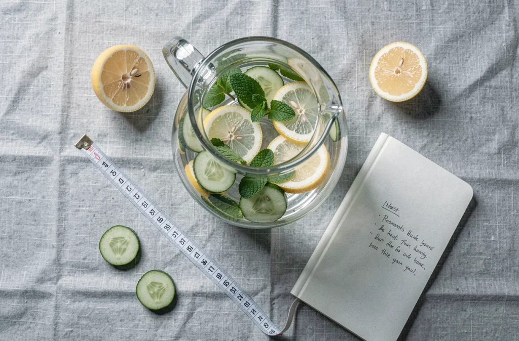 Carafe d'eau infusée au concombre, citron et menthe avec carnet de régime sur une nappe en lin, illustrant l'hydratation saine pour maigrir