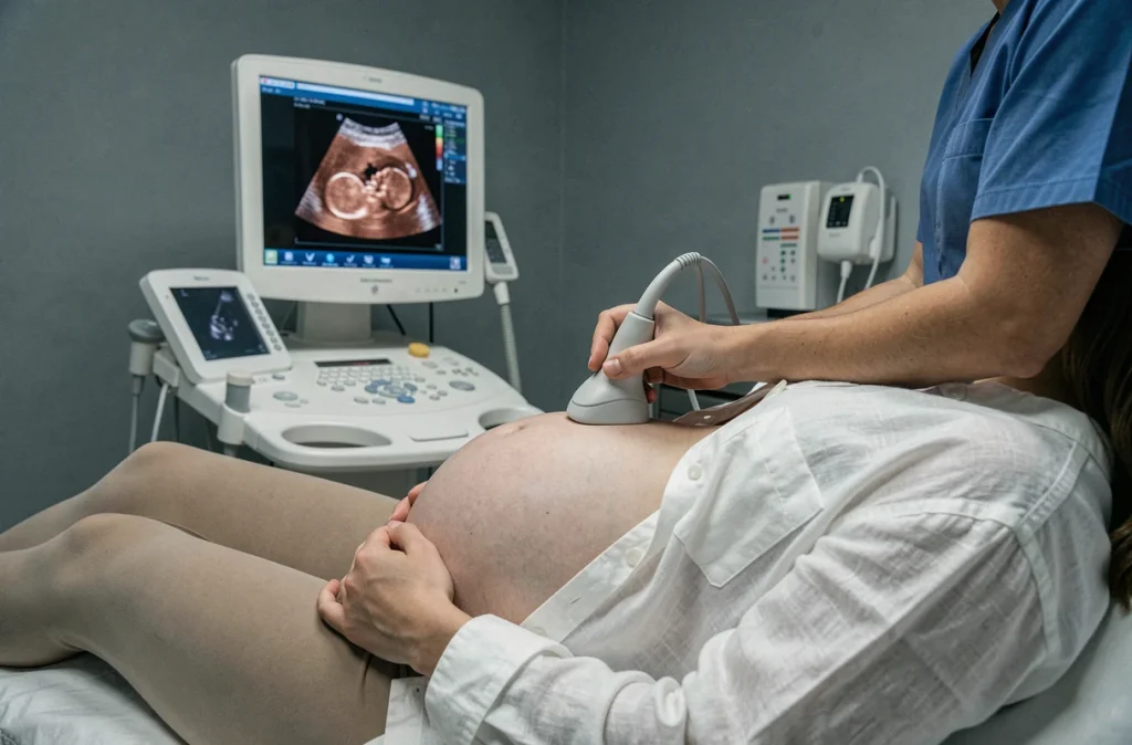 Échographie abdominale sur femme enceinte réalisée par une échographiste en cabinet médical