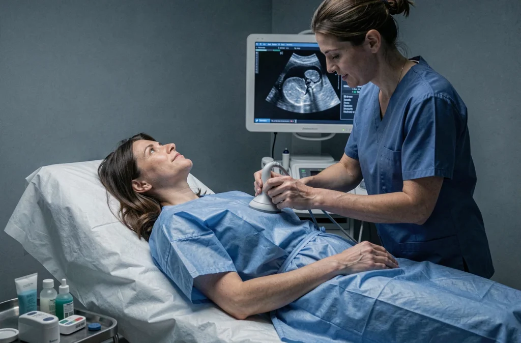 Échographie hépatique réalisée sur une femme pour investiguer une élévation des transaminases