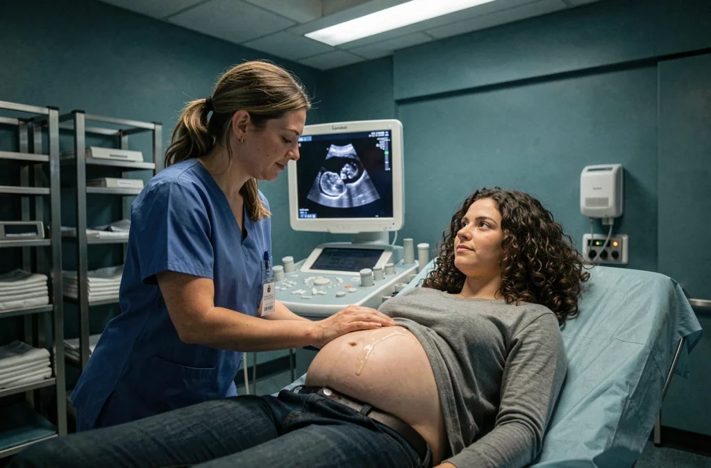 Échographie prénatale réalisée par une sage-femme sur une femme enceinte, avec image du fœtus visible à l'écran lors d'un dépistage prénatal