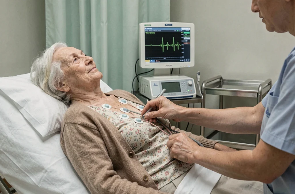 Une femme âgée allongée sur une table d'examen lors d'un électrocardiogramme à l'hôpital
