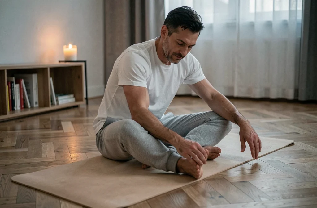 Homme pratiquant des étirements doux sur un tapis de yoga dans un salon minimaliste dans le cadre d'une routine du soir pour mieux dormir