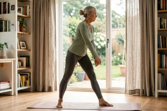 Femme de 55 ans pratiquant un étirement doux debout sur un tapis de yoga en bois dans un salon lumineux