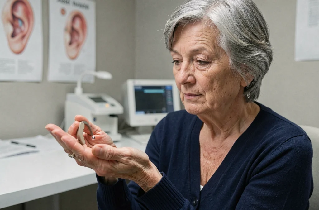Une femme âgée dans un cabinet audiologique tenant un appareil auditif, symbolisant le diagnostic et la prise en charge de la presbyacousie